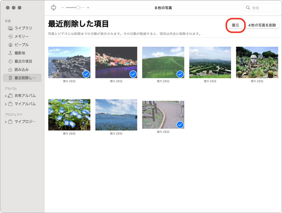 写真を最近削除した項目から復元