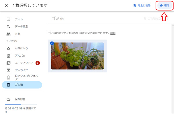 選択した写真を復元